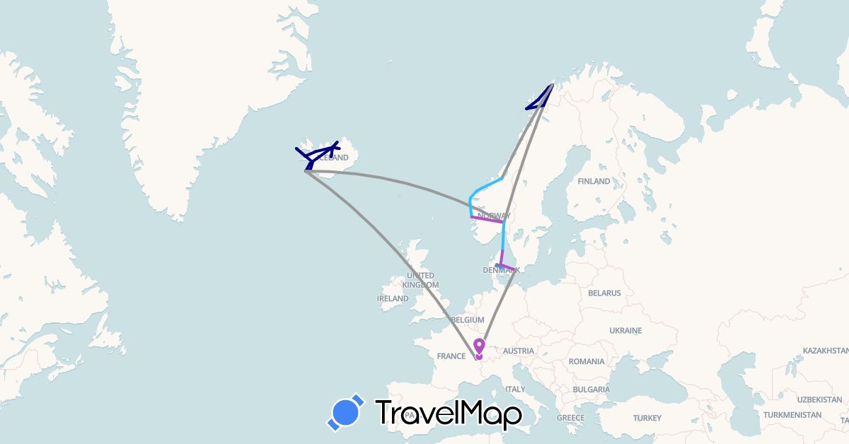 TravelMap itinerary: driving, plane, cycling, train, hiking, boat in Switzerland, Denmark, Iceland, Norway (Europe)