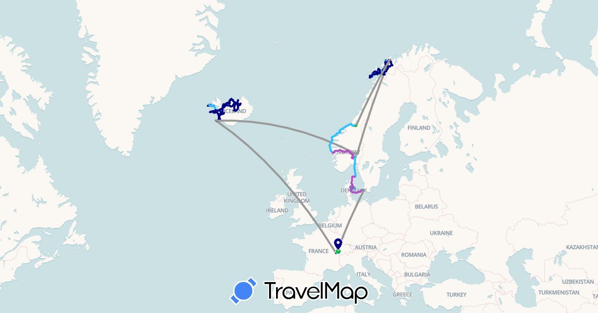 TravelMap itinerary: driving, bus, plane, cycling, train, hiking, boat, télécabine, kayak in Switzerland, Denmark, Iceland, Norway (Europe)